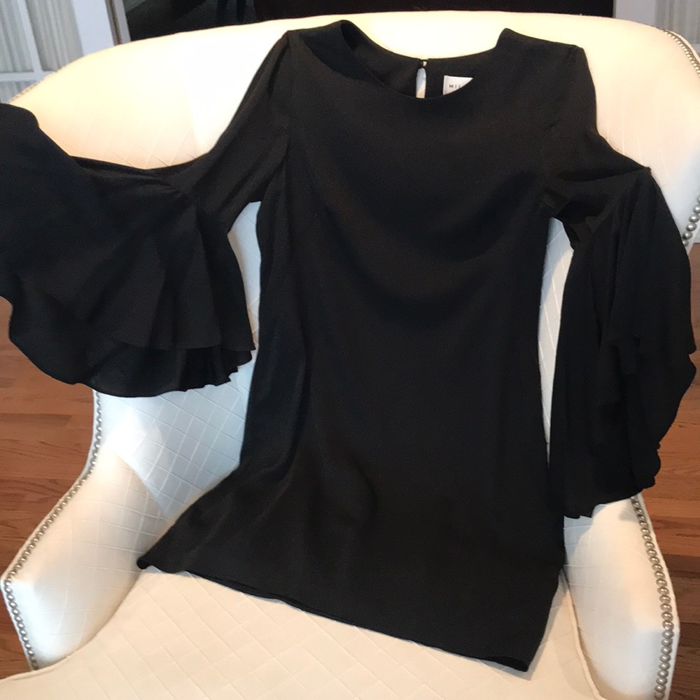 Milly black silk mini dress with bell sleeves
